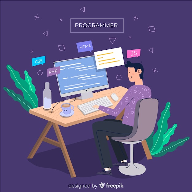 Programmeur doet zijn werk platte ontwerp Gratis Vector