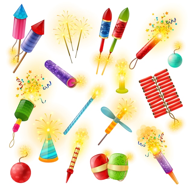 Pyrotechniek vuurwerk cracker sparkler kleurrijke set Gratis Vector
