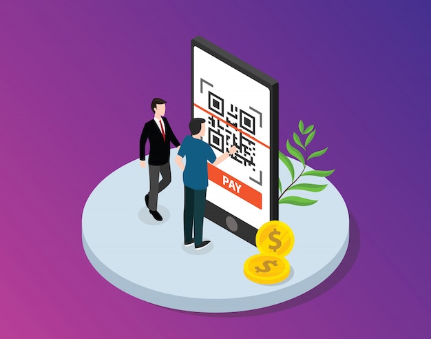 Qr-code isometrisch met zakenman Premium Vector