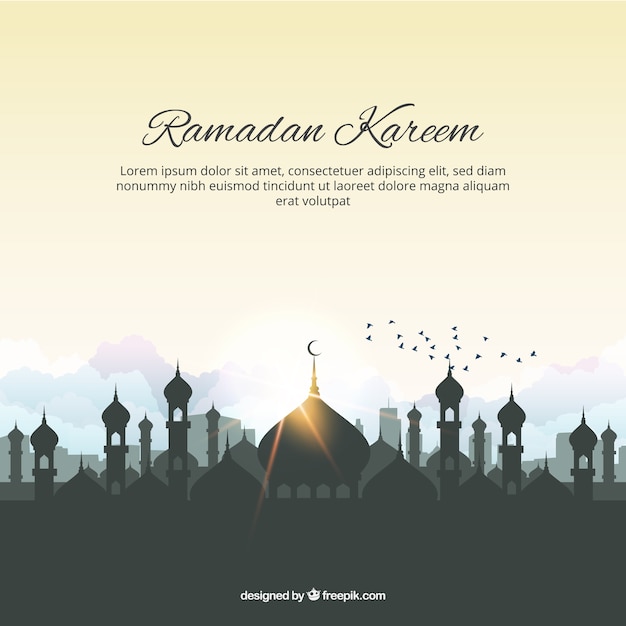 Ramadan kareem achtergrond met moskee en vogels Gratis Vector