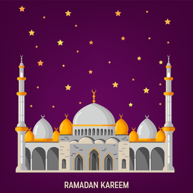 Ramadan kareem vector lay-out van de groetkaart met moskee, minaretten, arabische glanzende lampen, en sierdecor. Premium Vector