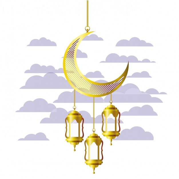 Ramadan-kareemlantaarn en maan hangen Premium Vector