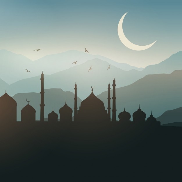 Ramadan landschap achtergrond bij zonsondergang Gratis Vector