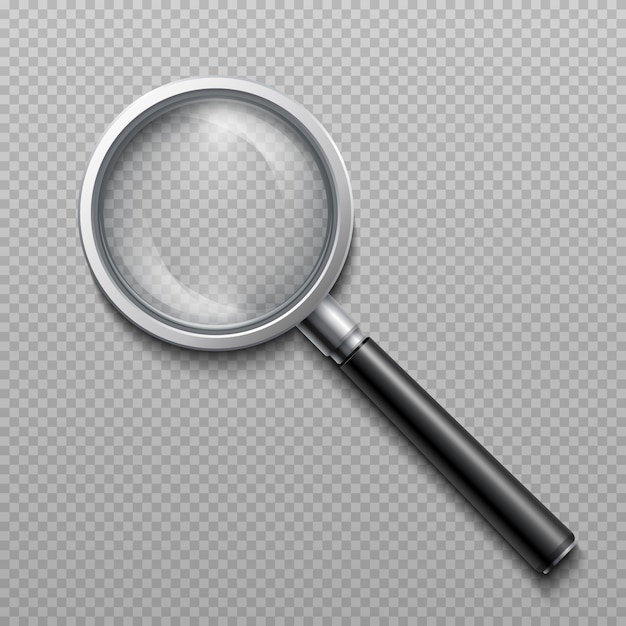 Realistisch 3d vergrootglas. vector zoomlens vergrootglas geïsoleerd. vergrootapparatuur instrument, vergrootglas loep transparante illustratie Premium Vector