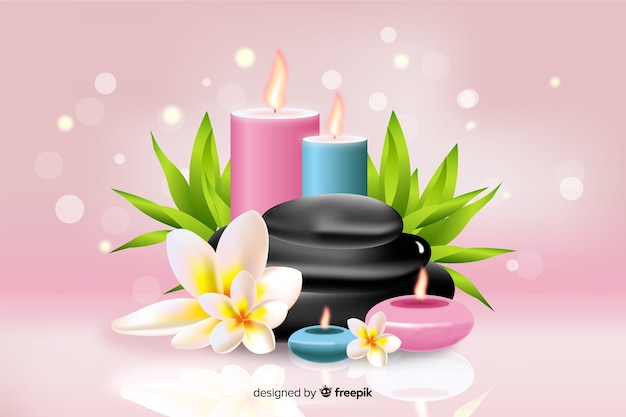 Realistische spa achtergrond met kaarslicht op roze achtergrond Gratis Vector