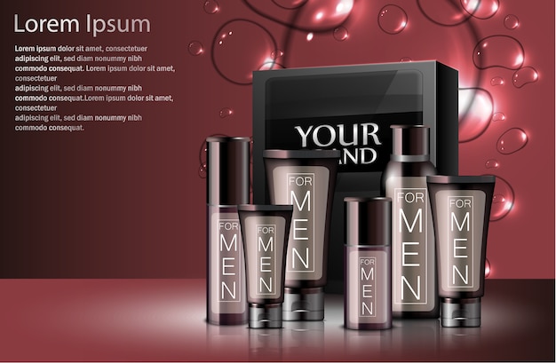 Realistische verschillende soorten mannen cosmetica met pakket box Premium Vector