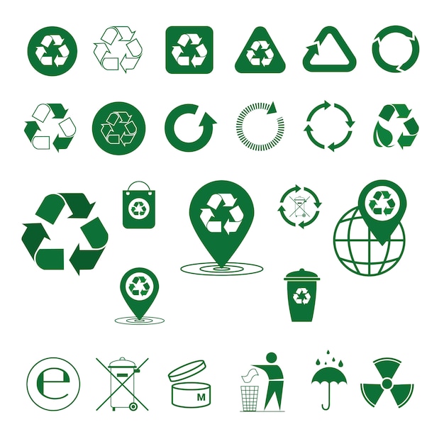 Recycle afval symbool groene pijlen logo set web icoon collectie Premium Vector