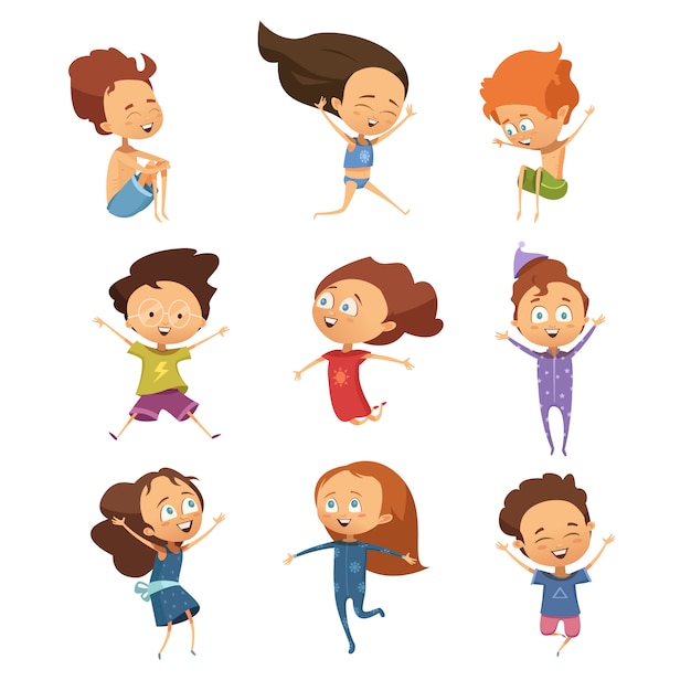 Reeks geïsoleerde leuke beeldverhaalbeelden van grappige springende kleine jongens en meisjes in retro stijl vlakke vect Gratis Vector