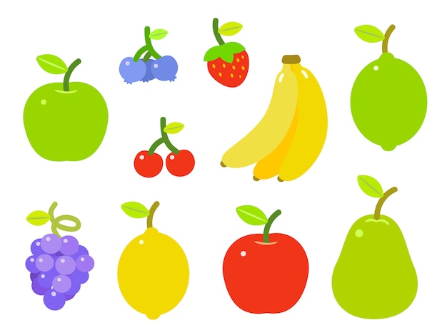 Reeks kleurrijke vruchten, die op witte achtergrond wordt geïsoleerd. Premium Vector
