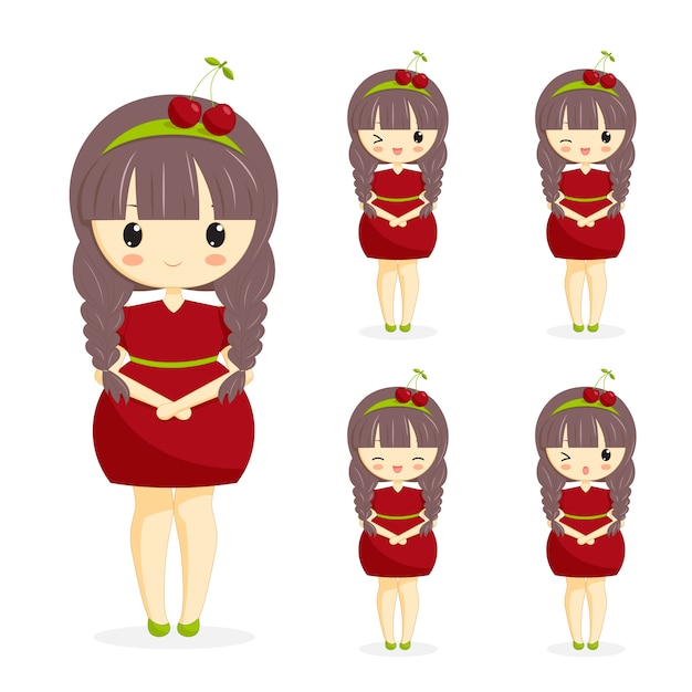 Reeks leuke die kawaiimeisjes in kersenkleding met decoratie in haar op witte achtergrond wordt geïsoleerd. vrouw karakter. bessenthema voor bakkerij, koffie, dessertbanner, vlieger, website. vector illustratie. Premium Vector