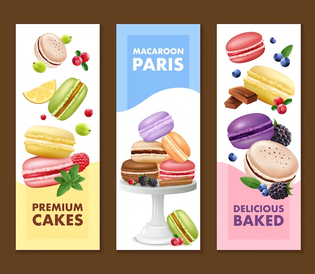 Reeks van drie geïsoleerde verticale makaronsbanners Gratis Vector