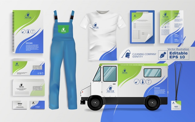 Reinigingsbedrijf identiteit vector set Premium Vector