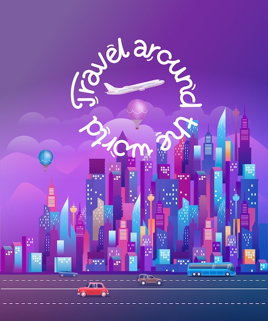 Reis de wereld rond. cityscape met moderne wolkenkrabbers en voertuigen. verticale vectorillustratie Premium Vector