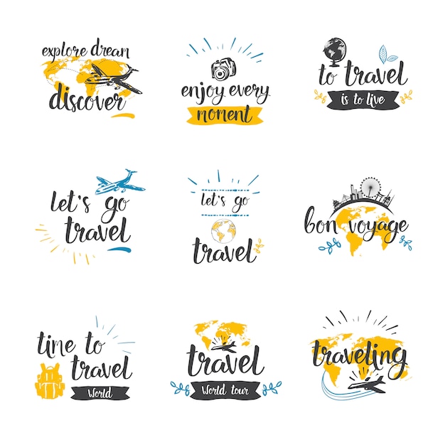 Reizen citaten icon set hand getrokken belettering toerisme en avontuur Premium Vector