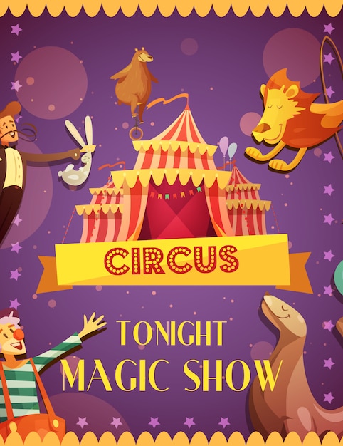 Reizende magische circus toont retro affiche van de beeldverhaalaankondiging met de leeuw van de tentverbinding en clownprestaties vectorillustratie Gratis Vector