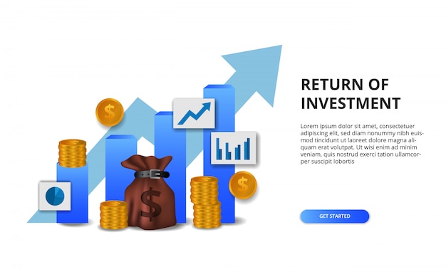 Rendement op investerings-roi, winstkansenconcept. bedrijfsfinanciering groei naar succes. staafdiagram presentatieconcept met pijl Premium Vector