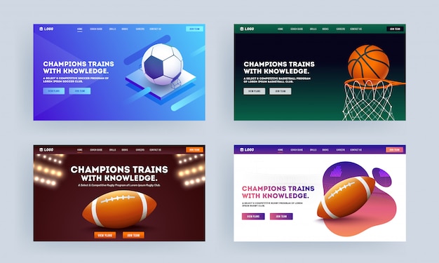 Responsief landingspaginaontwerp met basketbaldoel, voetbal en rugbybal in vier kleuren optie voor champion trains with knowledge. Premium Vector