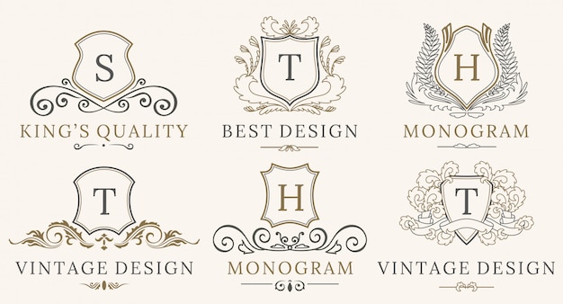 Retro royal vintage shields logo-set. vector kalligrafie luxe logo ontwerpelementen. Premium Vector