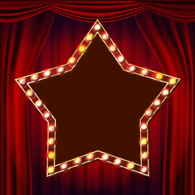 Retro star billboard vector. rood theatergordijn. lichtend licht bord. 3d elektrisch gloeiend sterelement. vintage gouden verlichte neonlicht. carnaval, circus, casinostijl. illustratie Premium Vector