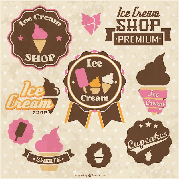 Retro stickers ijs cupcakes ontwerp Gratis Vector