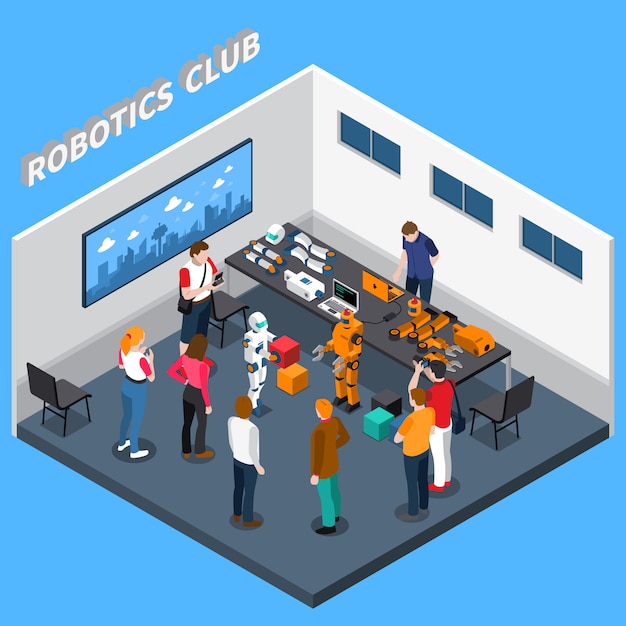 Robotics club isometrische samenstelling Gratis Vector