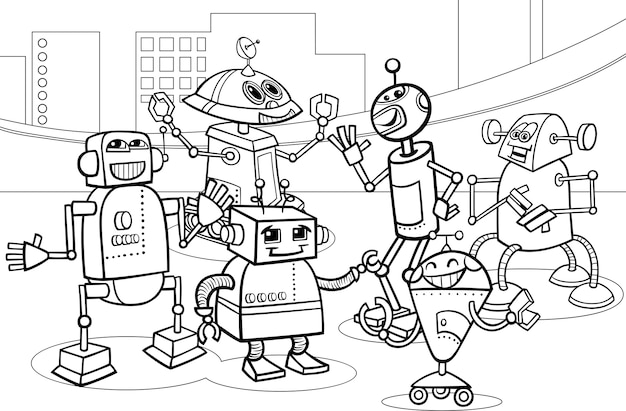 Robots groep cartoon kleurplaat | Premium Vector