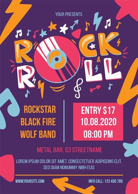 Rock and roll feest poster sjabloon Premium Vector