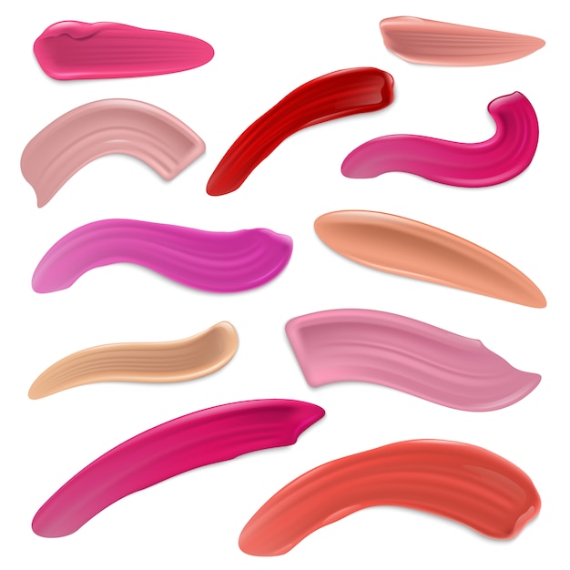 Rode en roze lippenstift uitstrijkjes, schoonheid make-up lip crème slagen vector set geïsoleerd Premium Vector