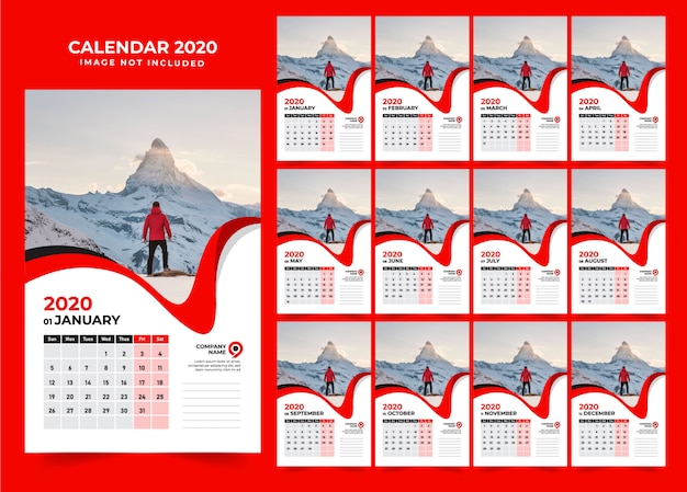 Rode muur kalender ontwerpsjabloon 2020 Premium Vector