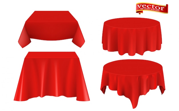Rode zijden doek gedekte tafel realistische set. Premium Vector