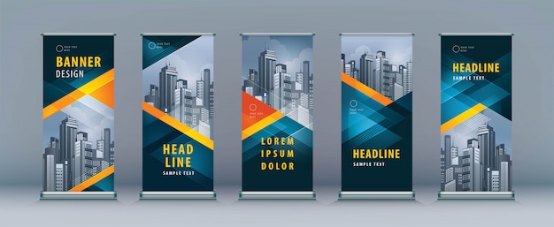 Roll-up set. standee ontwerp. bannermalplaatje, geometrische driehoek Premium Vector