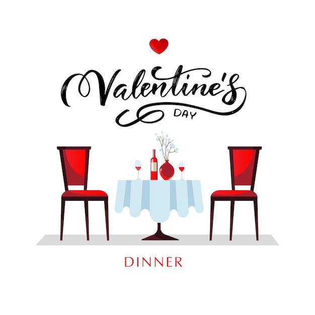 Romantisch diner voor valentijnsdag. een tafel met een wit tafelkleed, geserveerd met glazen, wijn en porselein Premium Vector