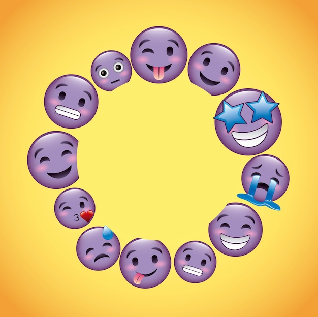 Ronde frame paarse emoji gezichten decoratie Vector
