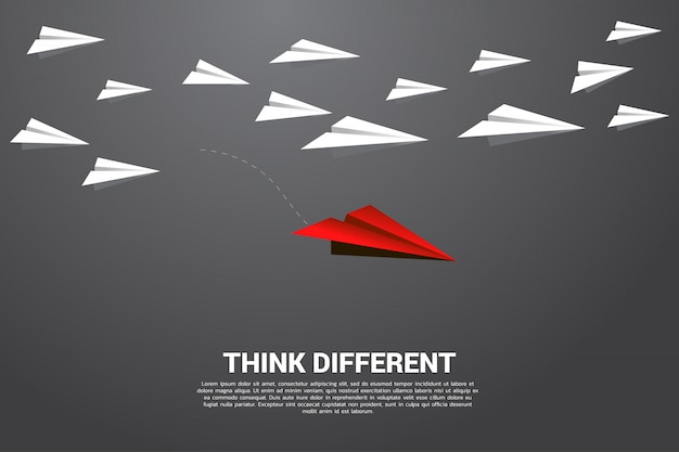 Rood origamidocument vliegtuig dat van groep wit uitgaat. bedrijfsconcept van verstoring en visieopdracht. Premium Vector