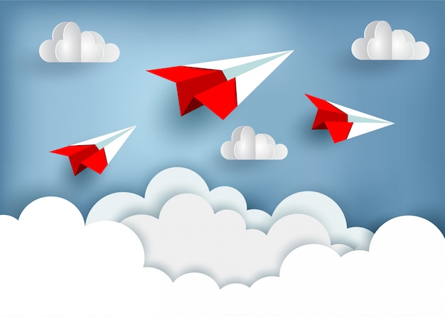 Rood papiervliegtuig omhoog aan de hemel terwijl het vliegen boven een wolk Premium Vector