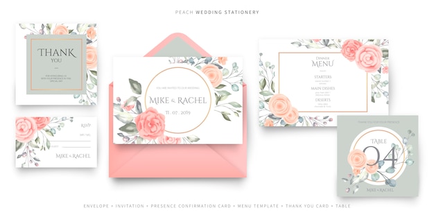 Roze bruiloft briefpapier, uitnodiging kaartsjabloon, rsvp, bedankkaart en menusjabloon Gratis Vector