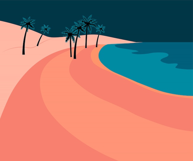 Roze Romantische Strand Met Palmbladeren En Blauwe Zee Bij Dageraad Premium Vector