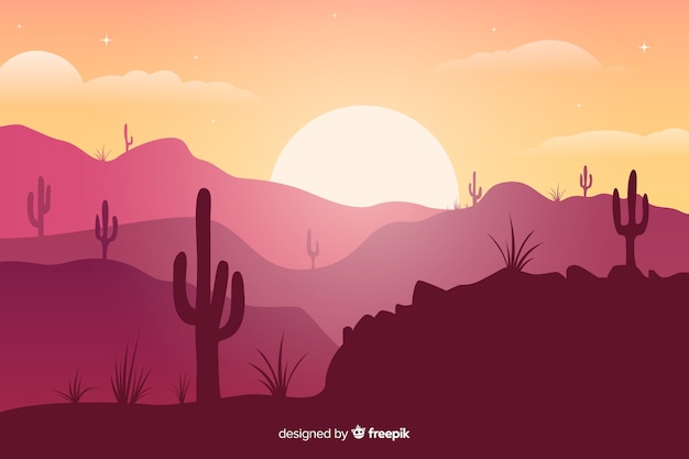 Roze tinten woestijn met cactussen en felle zon Gratis Vector