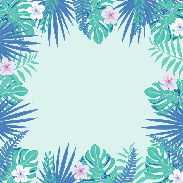 Roze tropisch bloemen en bladerenkader op lichte achtergrond. floral border. Premium Vector