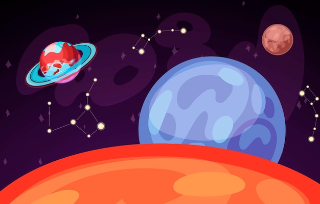 Ruimte en planeet landschap vectorillustratie. planeten oppervlak met kraters, sterren en kometen in donkere ruimte. ruimtehemel met saturnus, aarde en venus en sterrenbeeld. Premium Vector