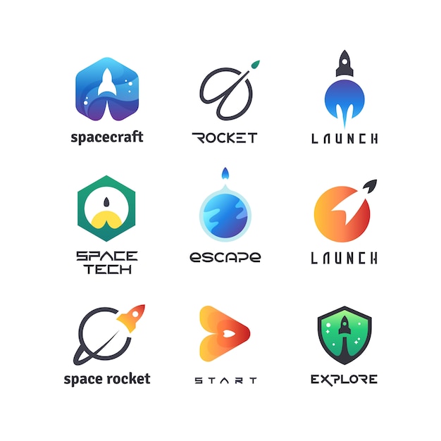 Ruimteraketten, shuttles lancering, ruimteschip, luchtvaart en futuristische vliegtuigen. vector retro logo's en badges geïsoleerd Premium Vector