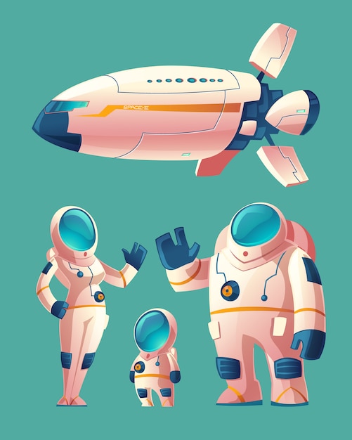 Ruimtevaarderfamilie, mensen in ruimtepak - vrouw, man, kind met ruimteschip, shuttle Gratis Vector