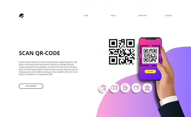 Scan qr-code voor geldloze samenleving voor online betaling met financiën. hand met telefoon illustratie Premium Vector