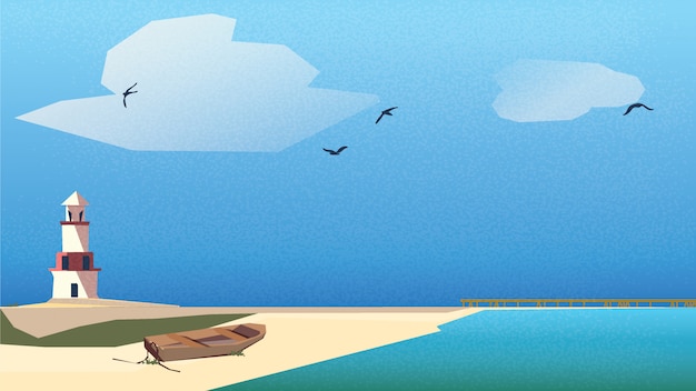 Scandinavisch of noords kustlandschap. vuurtoren, houten boot op het strand met steiger onder blauwe hemel en turquoise groene zee. Premium Vector