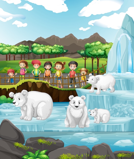 Scène met ijsberen en kinderen in de dierentuin Gratis Vector