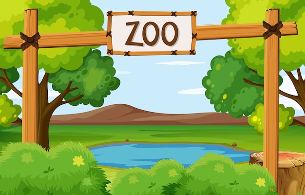 Scène van dierentuin park met vijver in het veld Premium Vector