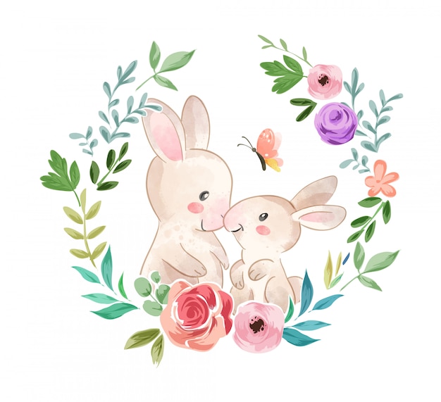 Schattig konijn familie in bloem krans illustratie Premium Vector