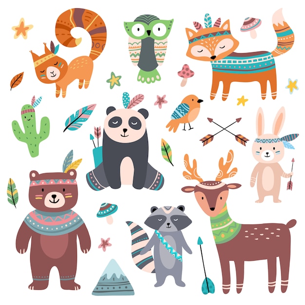 Schattig tribal dier. bos wilde dieren dierentuin, tribals vogel veer pijlen en wildernis beest geïsoleerde cartoon set Premium Vector