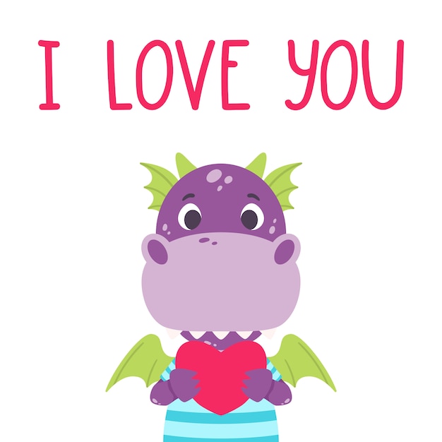Schattig violet draak met hart en hand getrokken belettering citaat - ik hou van jou. valentijnsdag wenskaart. Premium Vector