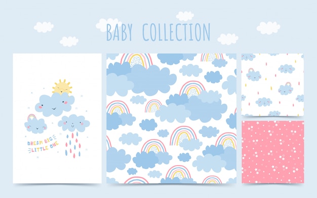 Schattige Baby Collectie Naadloze Patroon Met Regenboog Wolken Regen Voor Baby S Achtergrond In De Hand Getekende Stijl Voor Kinderkamer Ontwerp Premium Vector